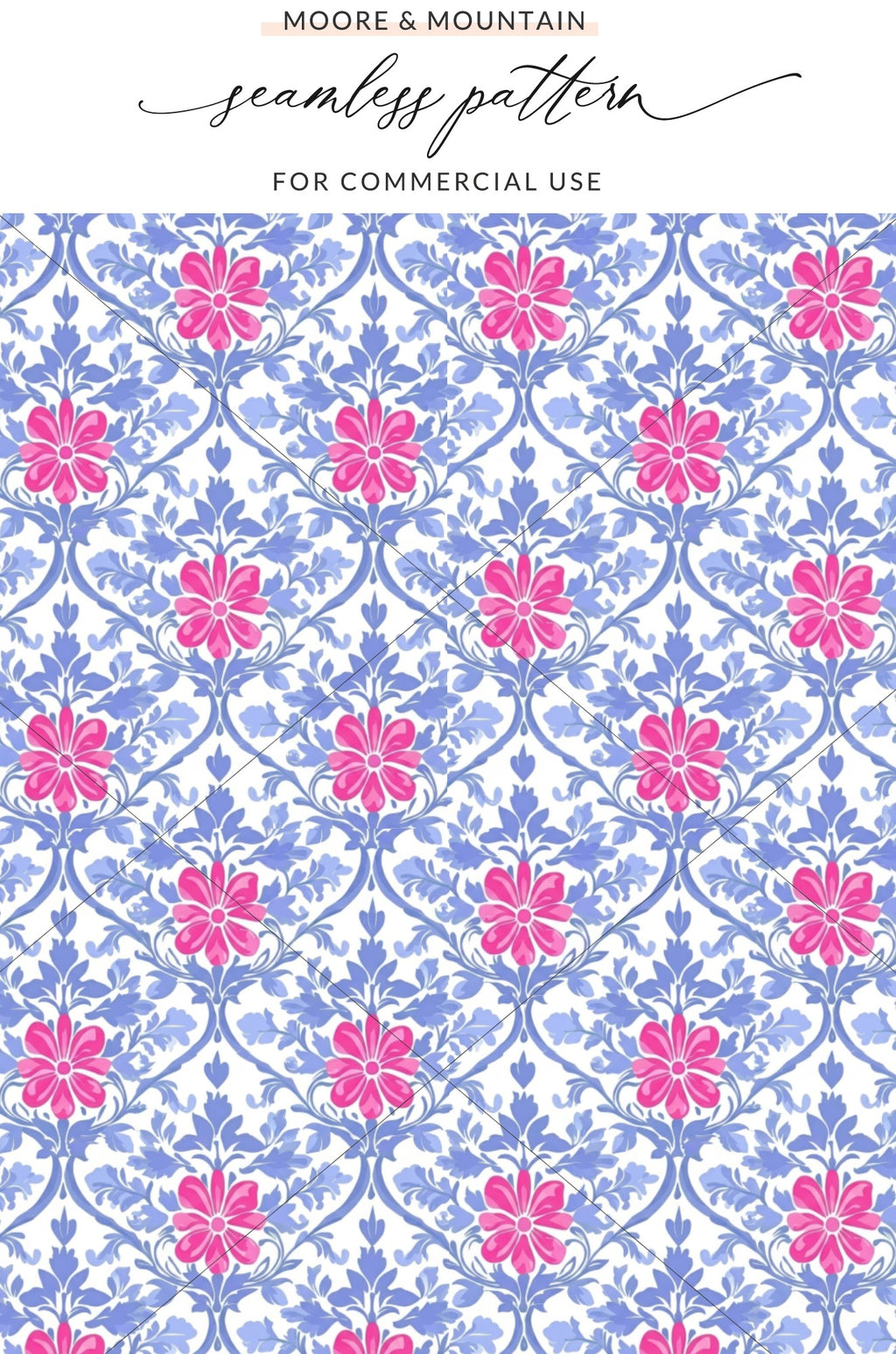 Pink flowers and blue leaves form a repeating damask pattern.