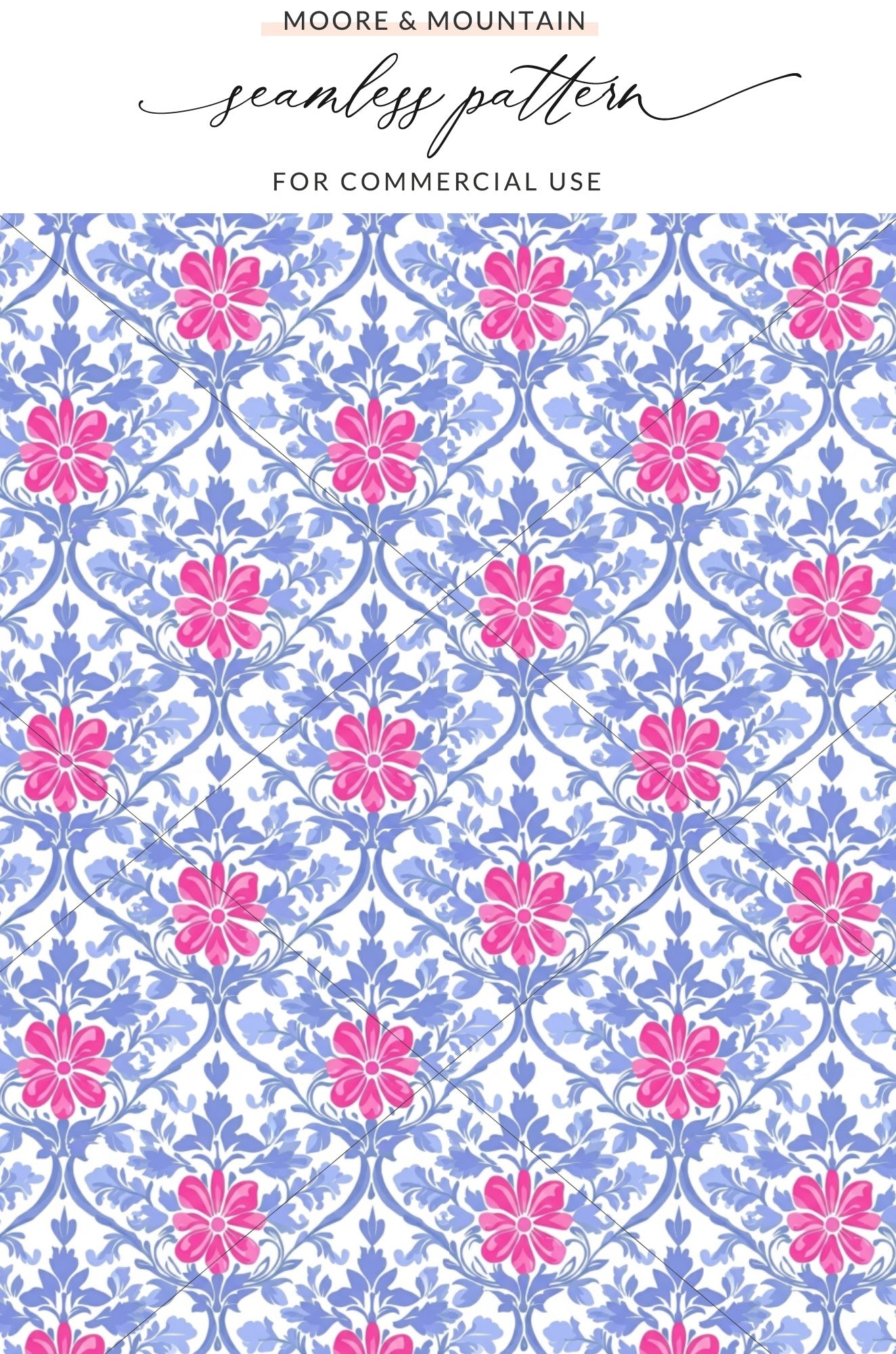 Pink flowers and blue leaves form a repeating damask pattern.