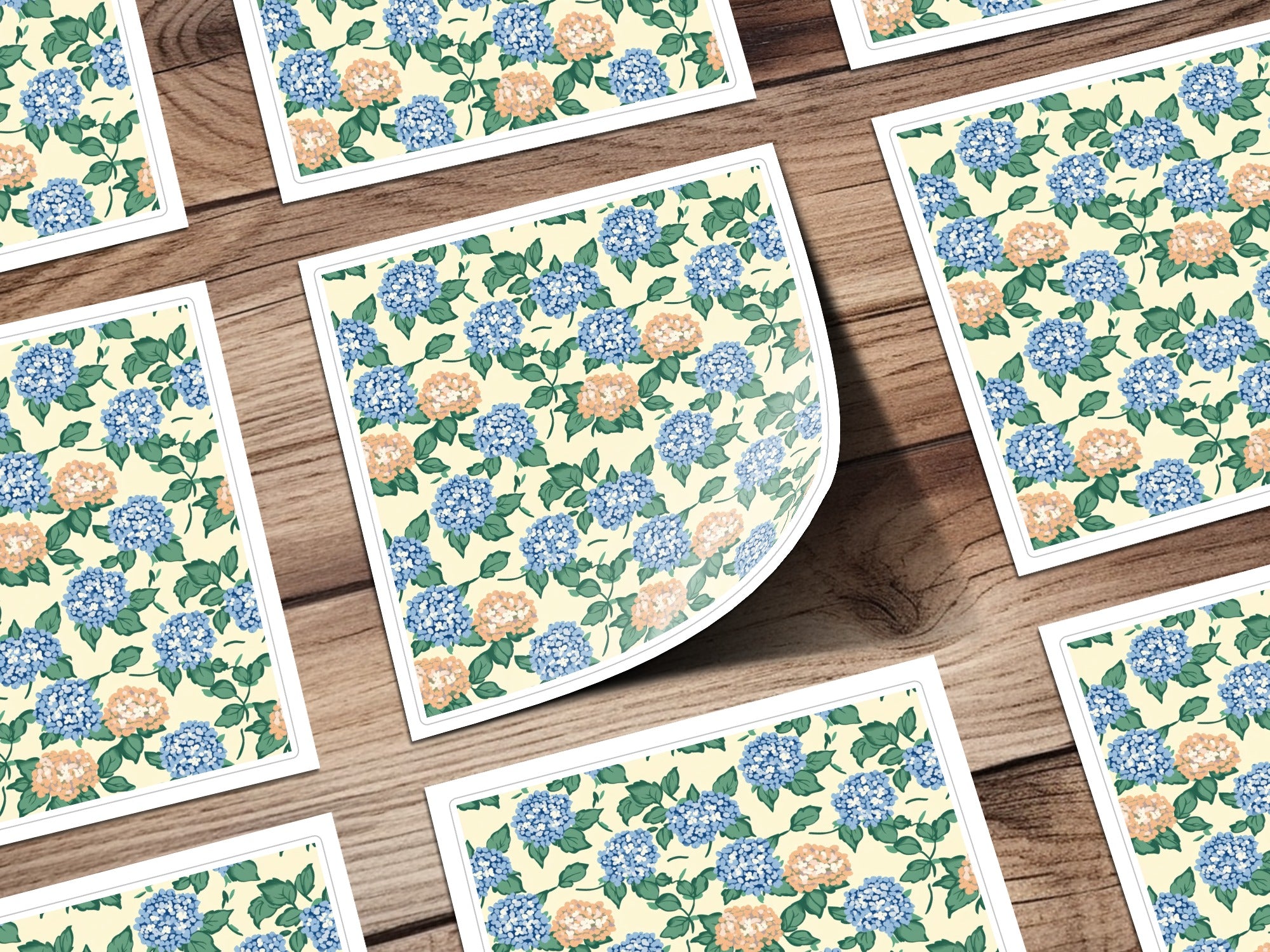 Hydrangea floral pattern on cards with a shadow effect.