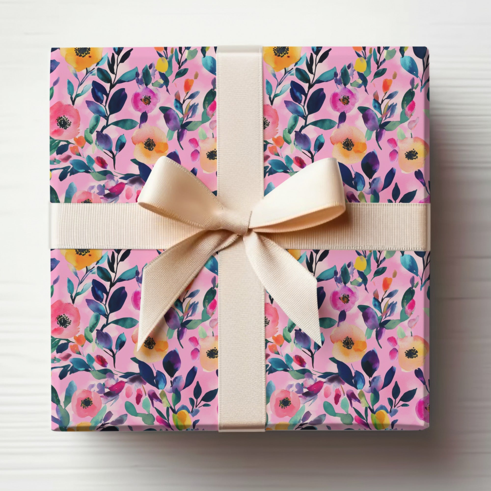 Floral Patterned Gift Wrap with Cream Ribbon Gift Box