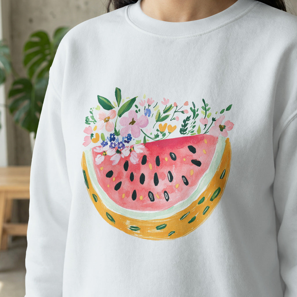 White sweatshirt with watercolor watermelon slice and floral design.