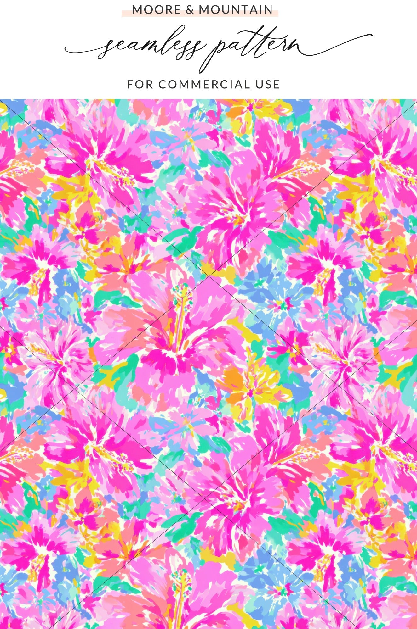 Pink, blue, yellow, and green hibiscus floral pattern with "Moore & Mountain" text.