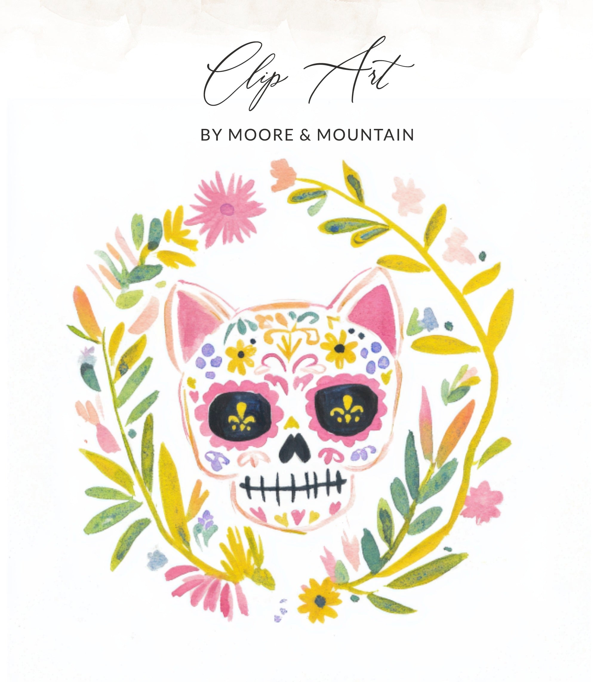Sugar skull cat with floral wreath, "Clip Art by Moore & Mountain".