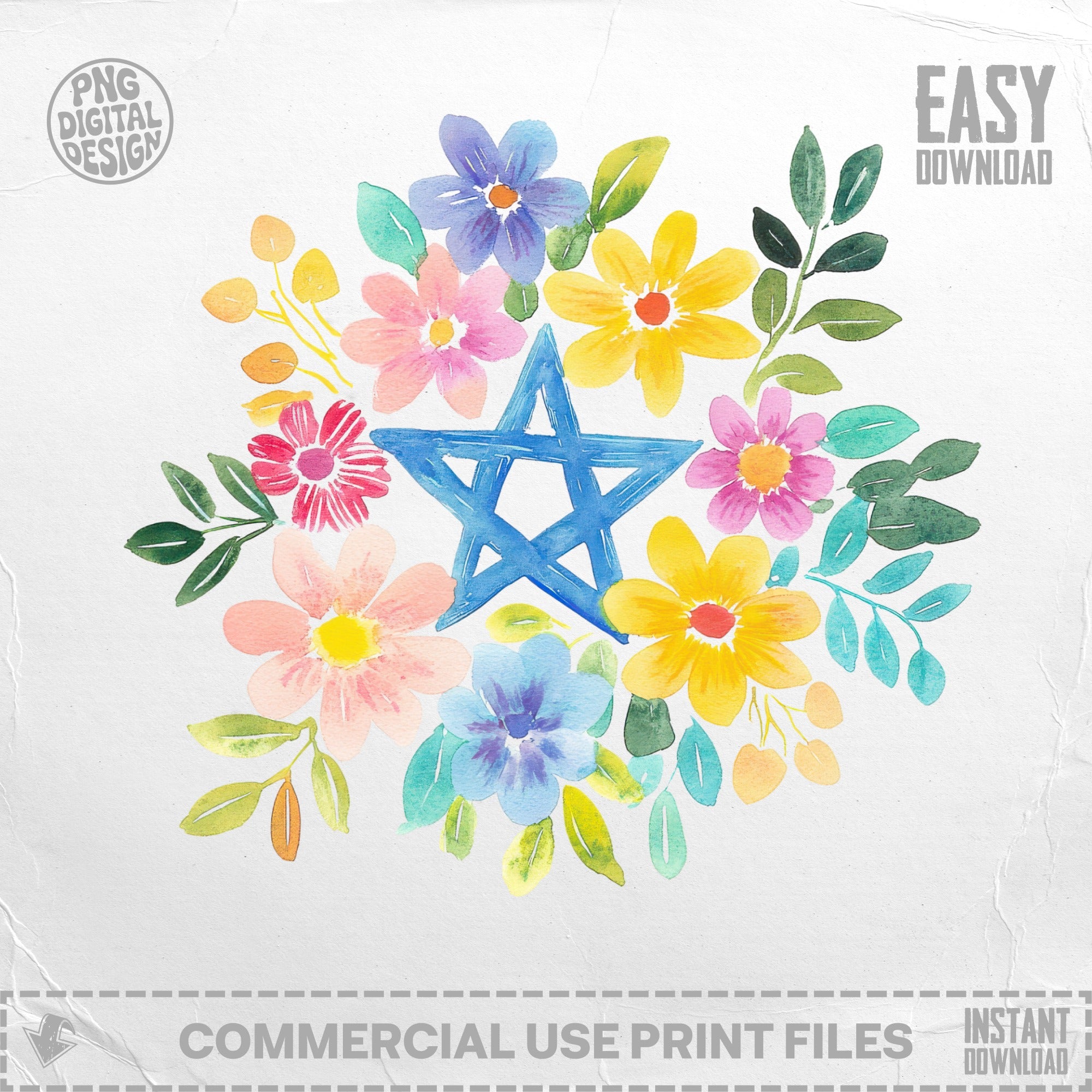 Watercolor wreath with a blue star, "Easy Download" and "Commercial Use Print Files".