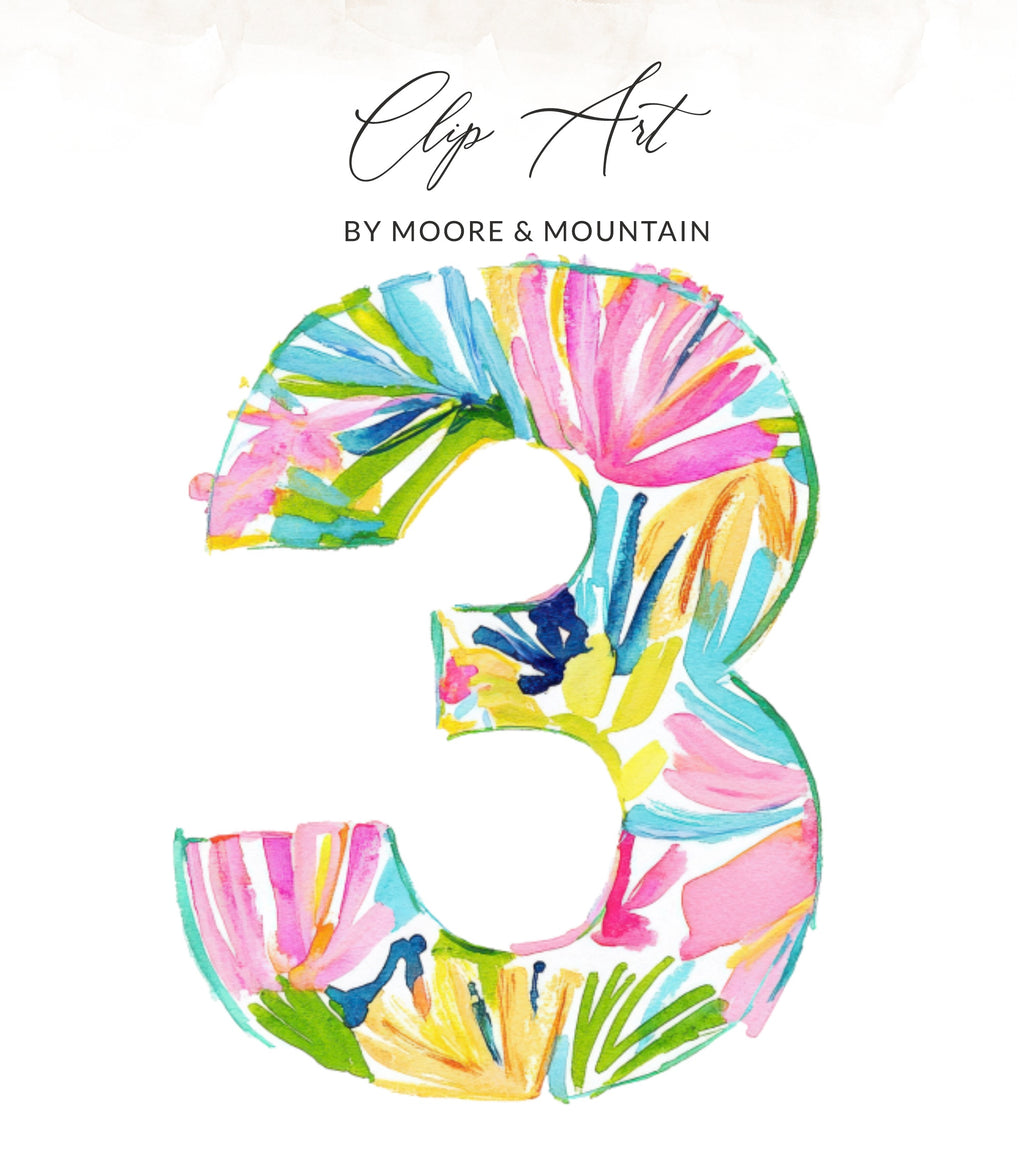 Floral watercolor number three with "Clip Art" and "BY MOORE & MOUNTAIN" text.
