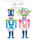 Two stylized watercolor nutcrackers with floral headdresses.
