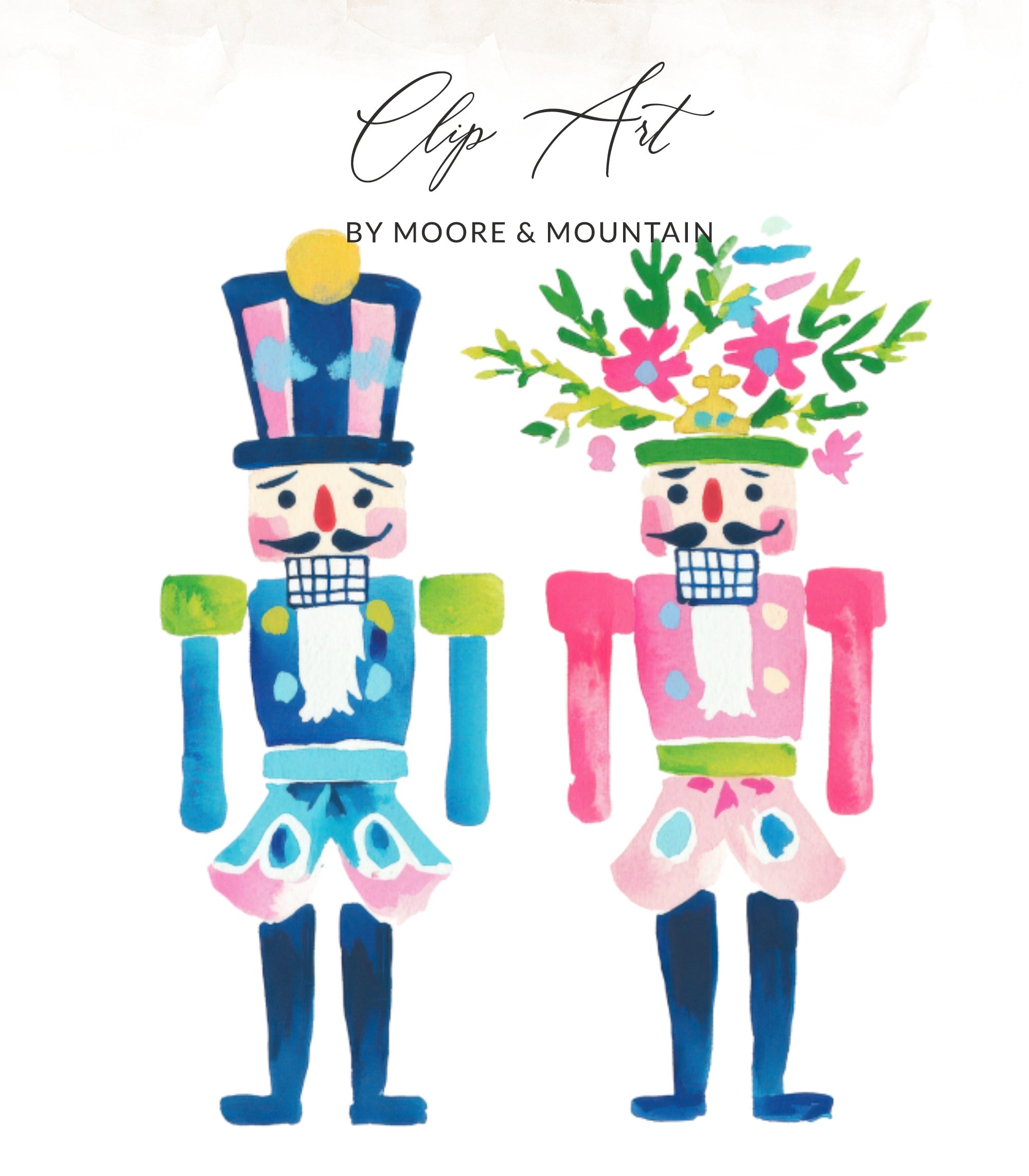 Two stylized watercolor nutcrackers with floral headdresses.