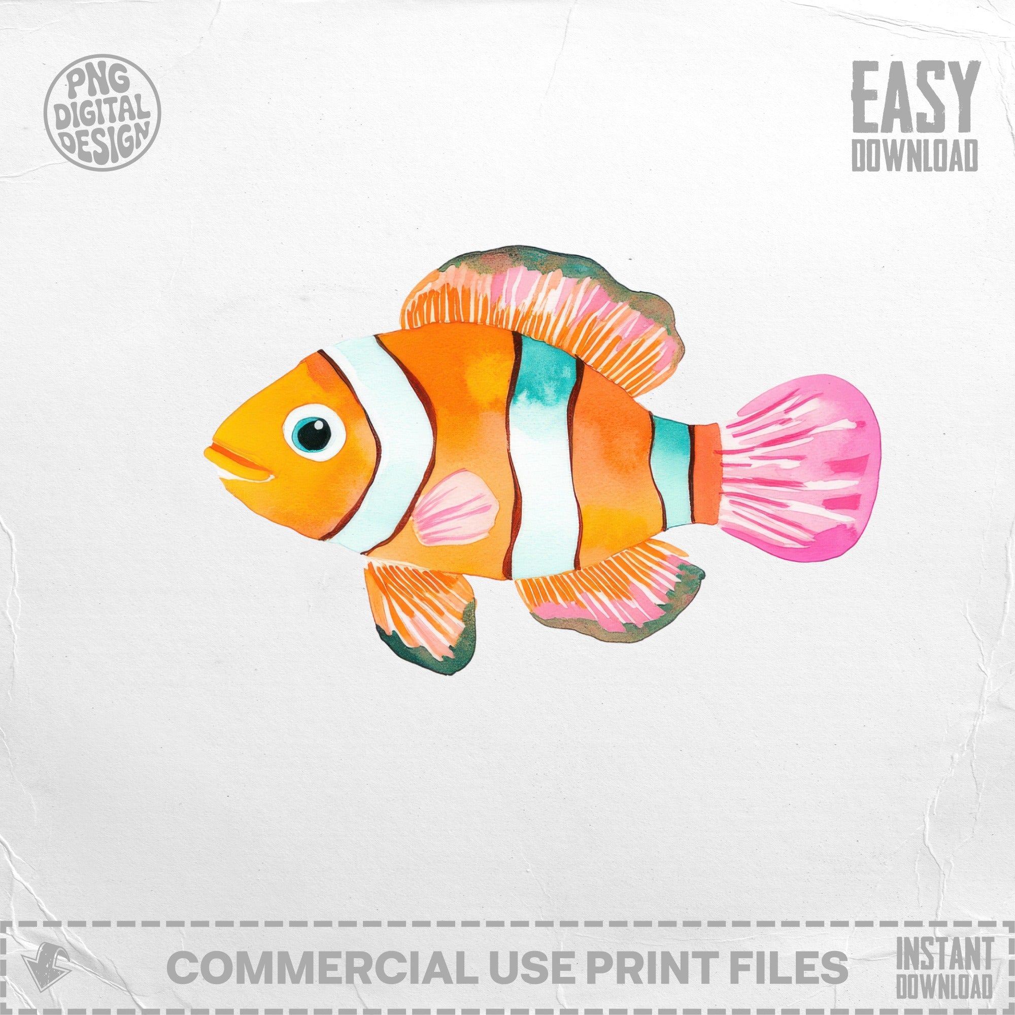Clownfish with orange and white stripes on a white background.