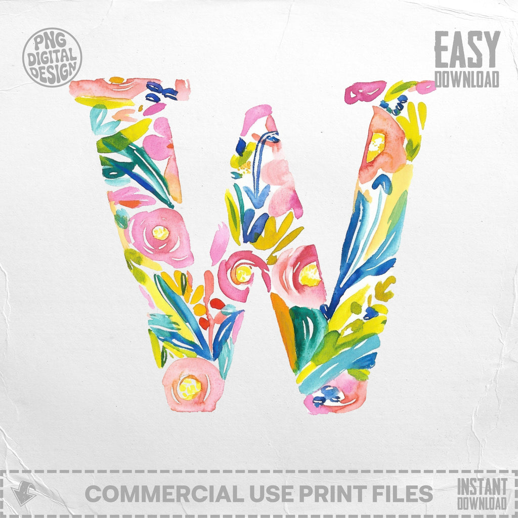 Watercolor letter W with floral pattern and "Easy Download" text.