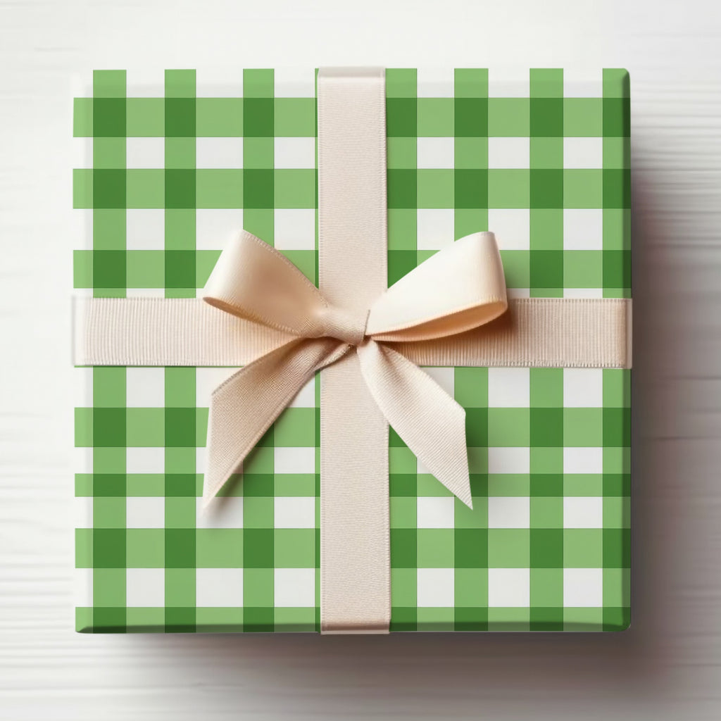 Green Gingham Checked Gift Box with Cream Ribbon