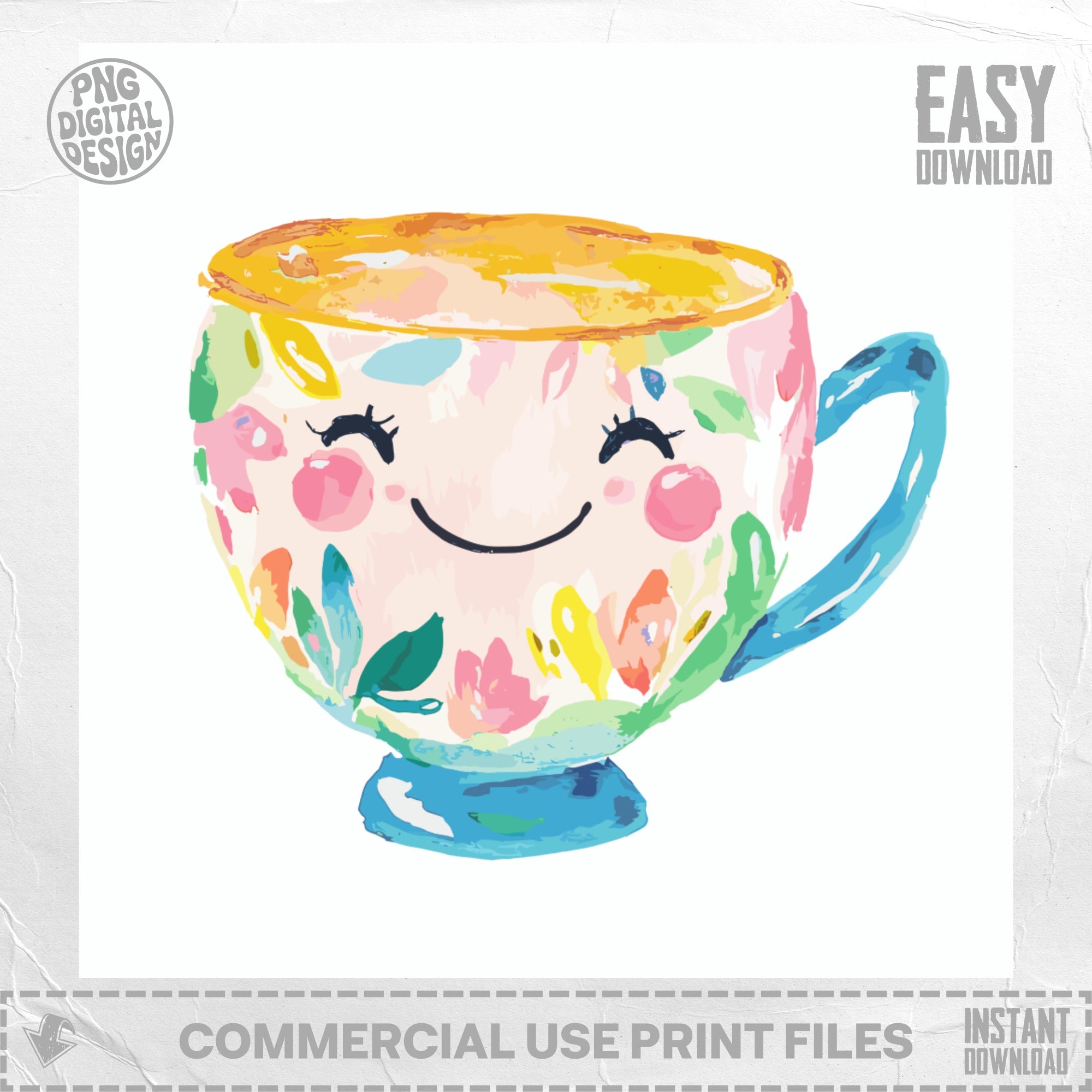 Watercolor mug with a smiling face and colorful floral design.