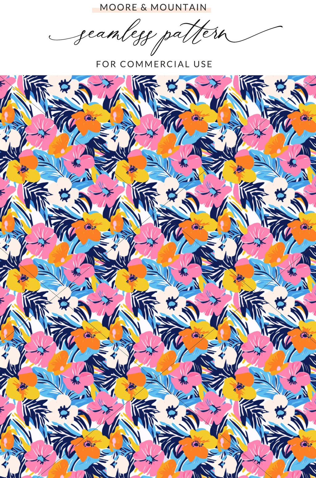 Colorful floral pattern with pink, orange, blue, and yellow flowers and dark leaves.