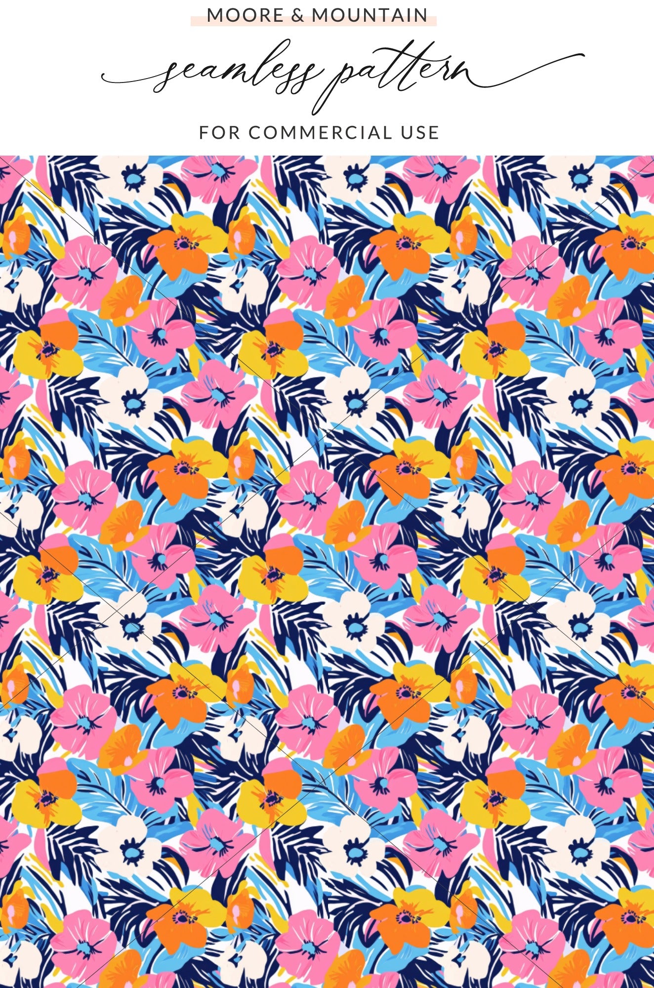 Colorful floral pattern with pink, orange, blue, and yellow flowers and dark leaves.