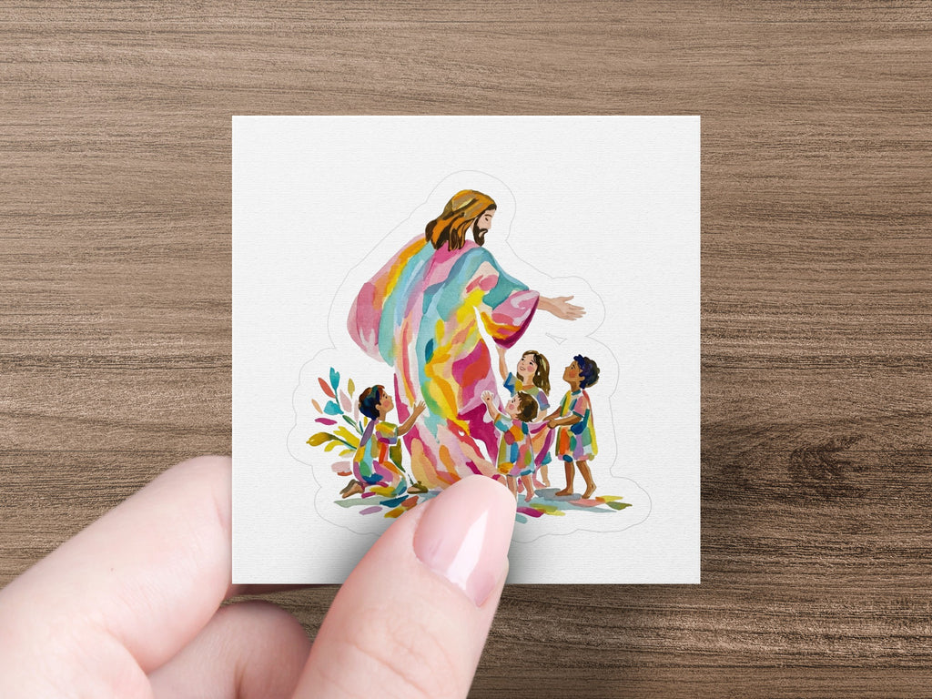 Jesus in colorful robe embraces diverse group of children.