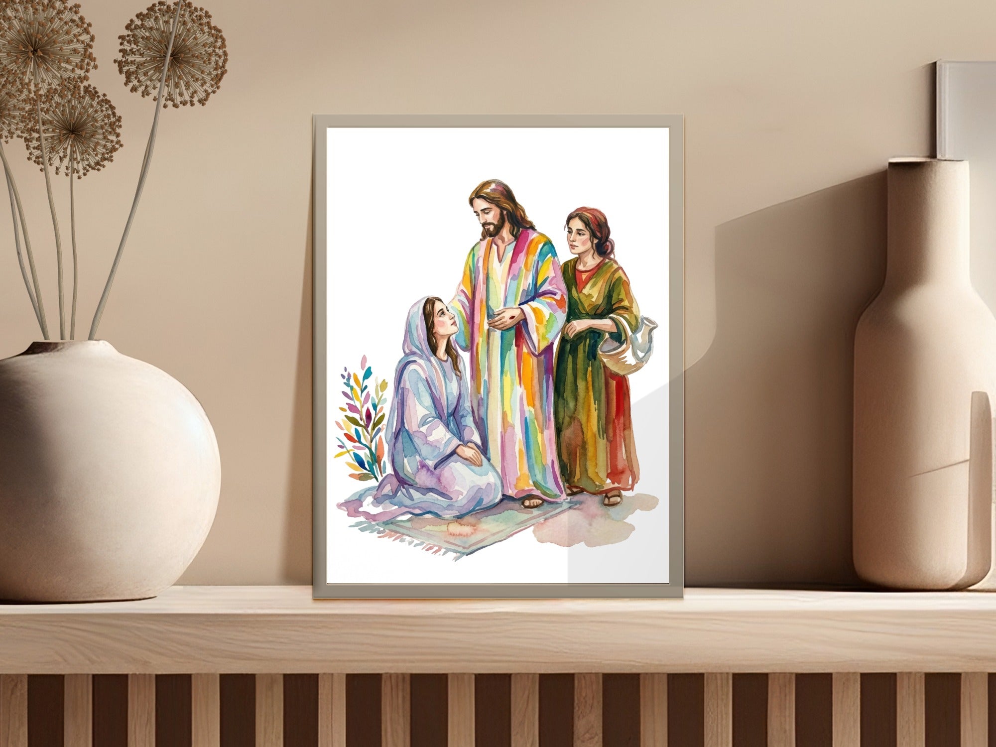 Jesus blesses a woman kneeling before him, with another woman standing nearby.