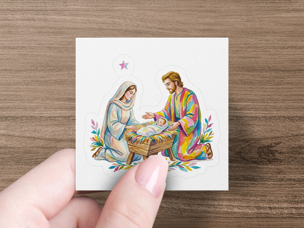 Nativity scene with Mary, Joseph, and baby Jesus in a manger.