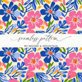 Seamless floral pattern with pink and blue flowers on beige background.
