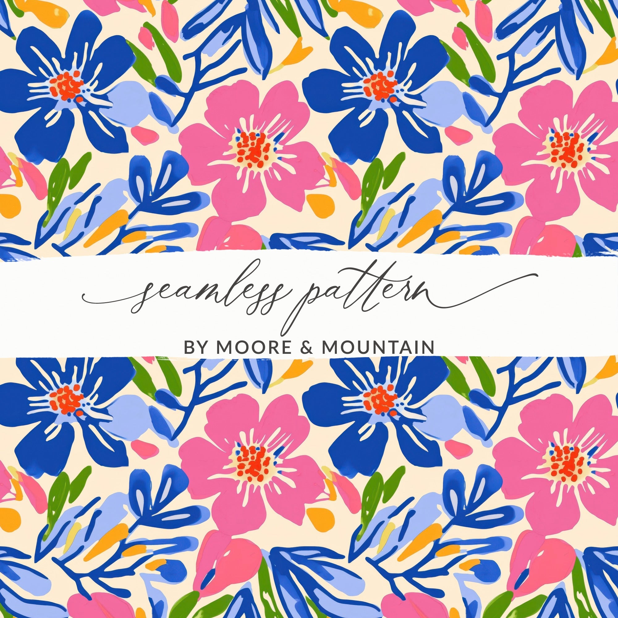 Seamless floral pattern with pink and blue flowers on beige background.