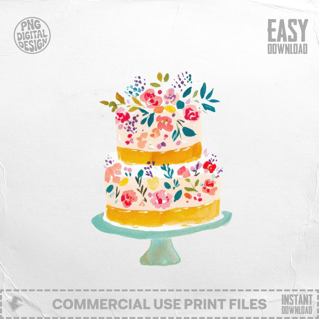 Two-tiered cake with colorful floral decorations on a teal stand.