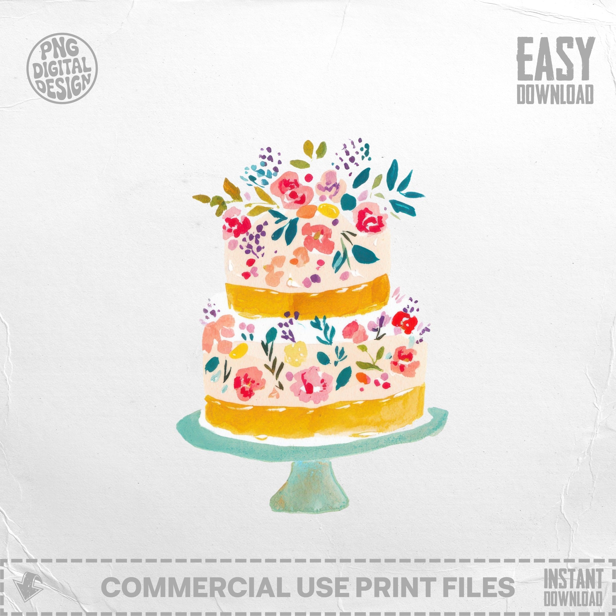 Two-tiered cake with colorful floral decorations on a teal stand.
