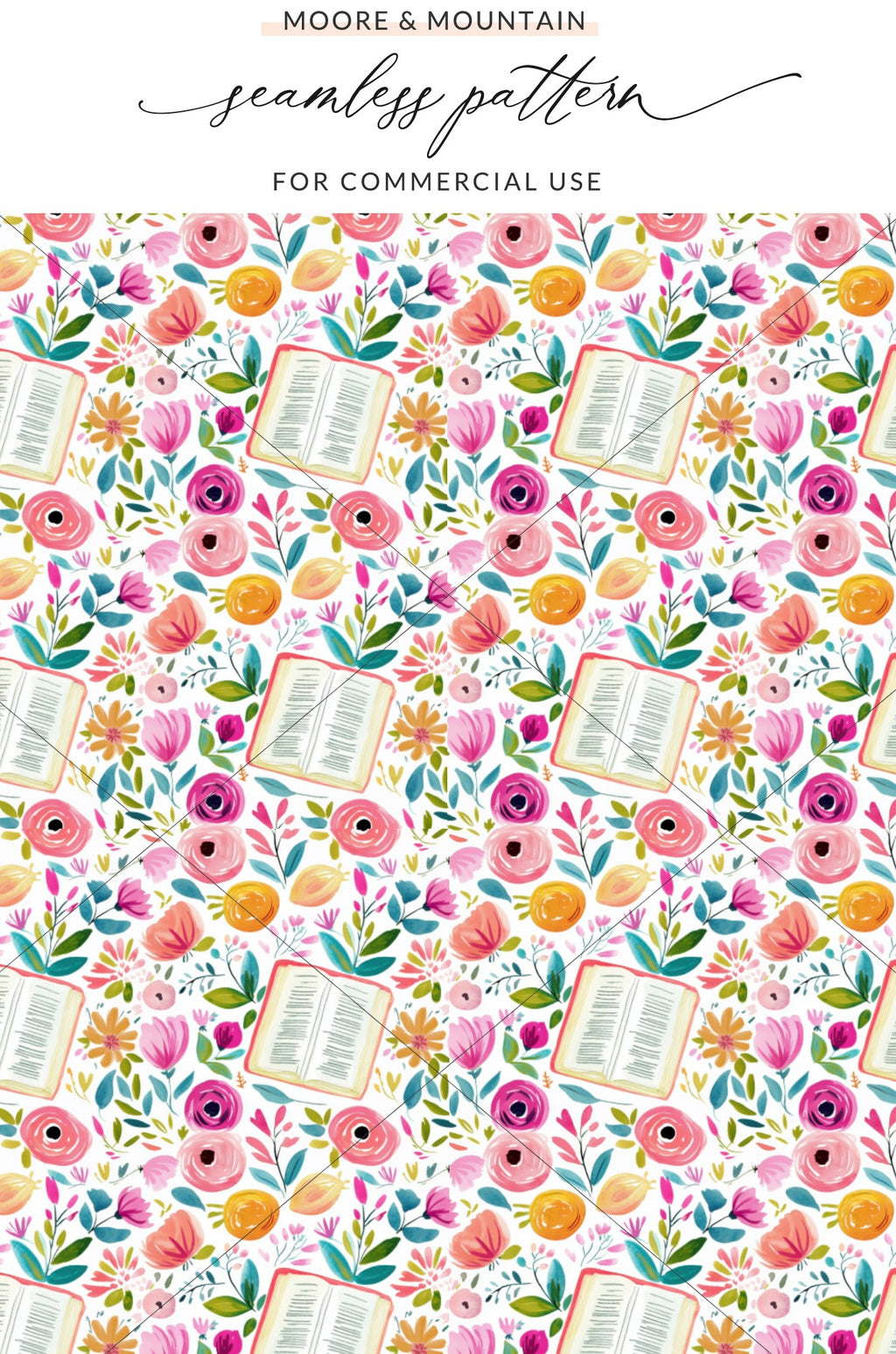 Colorful Floral and Books Seamless Pattern for Crafts