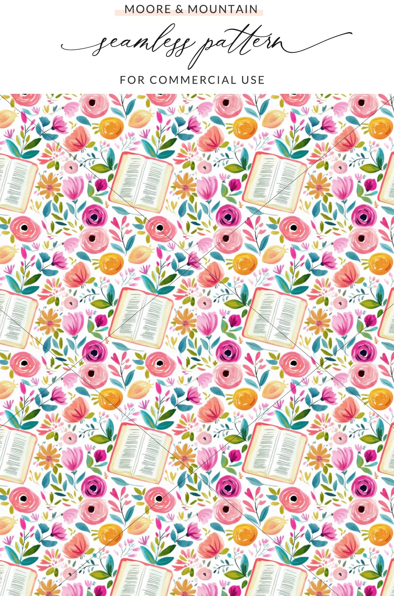 Colorful Floral and Books Seamless Pattern for Crafts