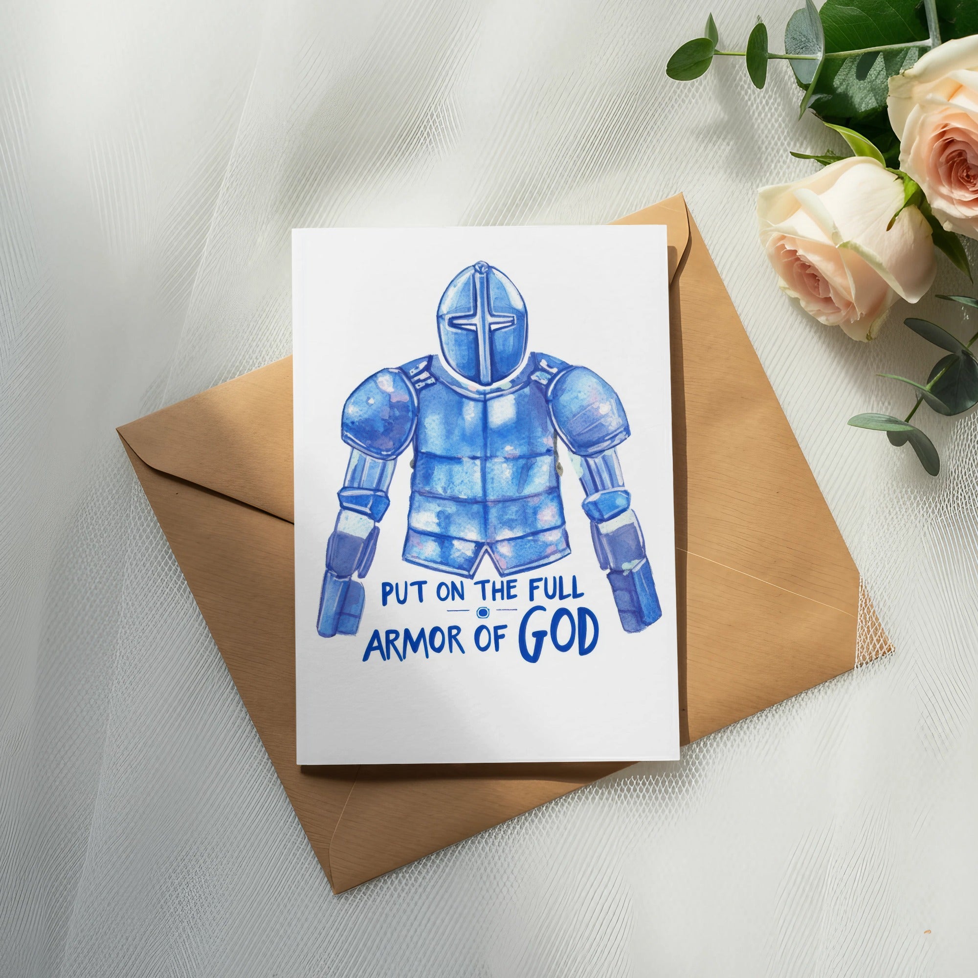 Card with watercolor illustration of blue knight's armor and text "Put on the Full Armor of God."