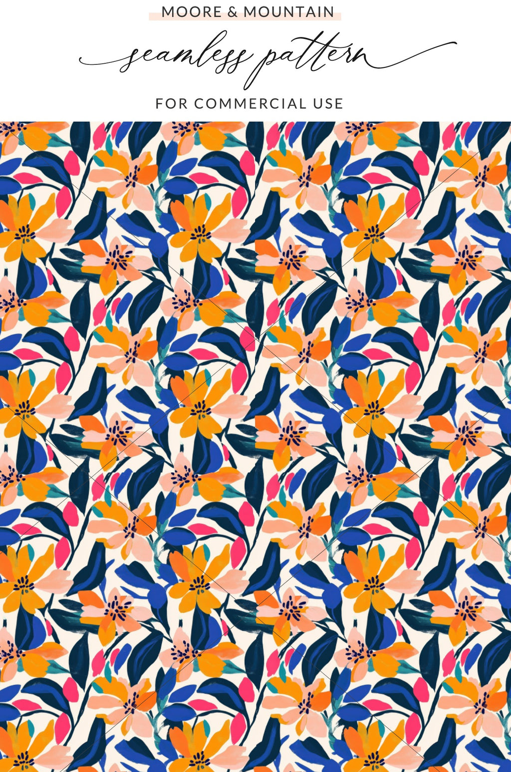 Seamless floral pattern with orange, blue, and pink flowers on a cream background.