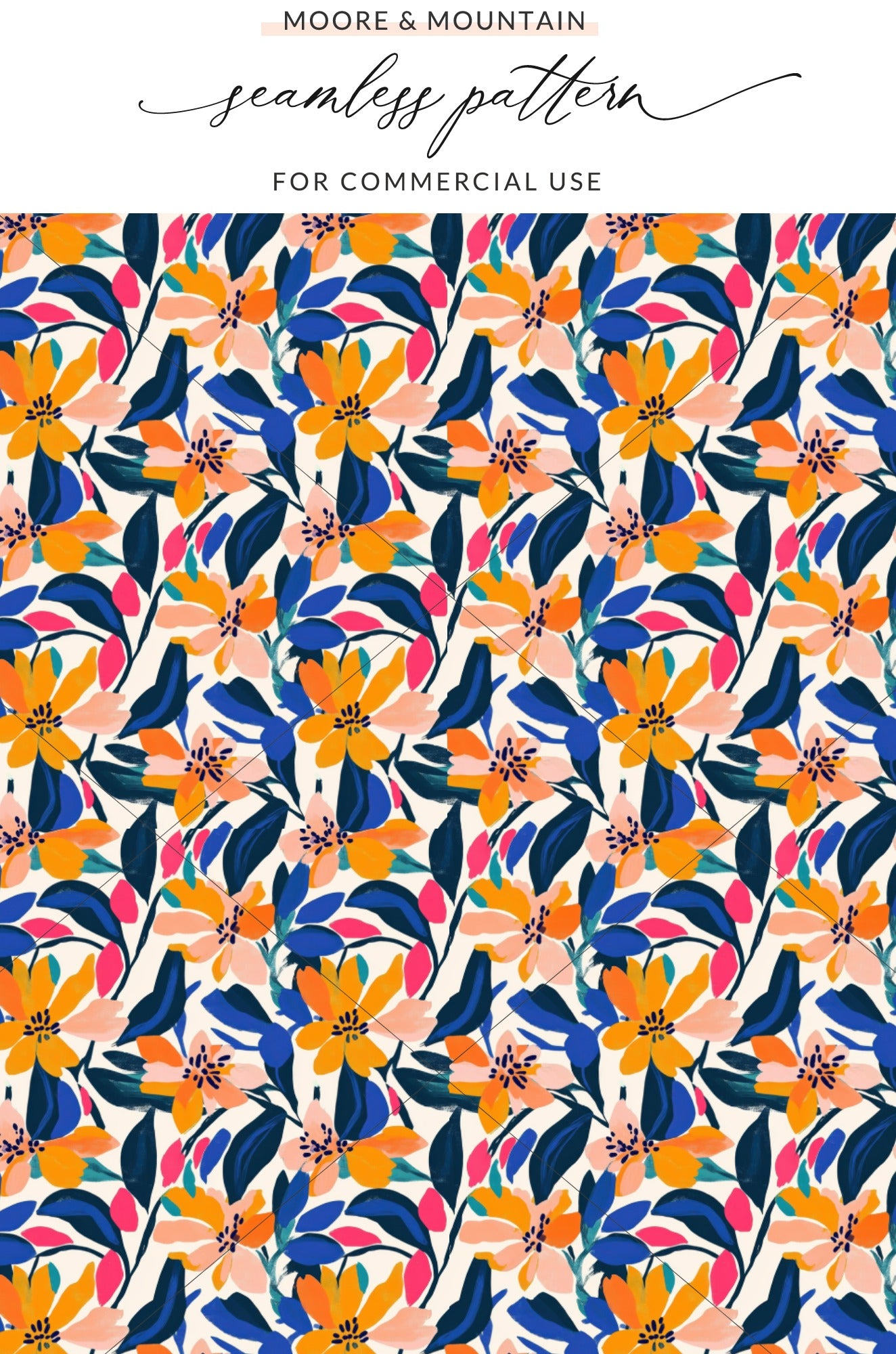Seamless floral pattern with orange, blue, and pink flowers on a cream background.
