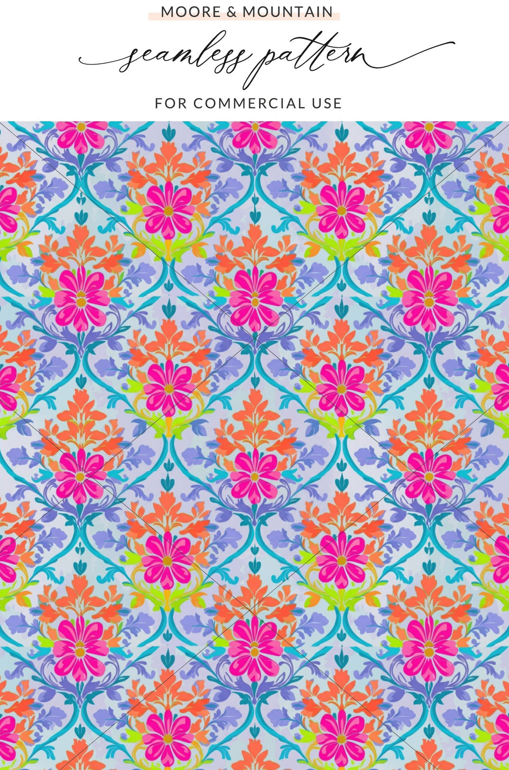 Floral damask pattern with bright pink and orange flowers on a blue and purple background.