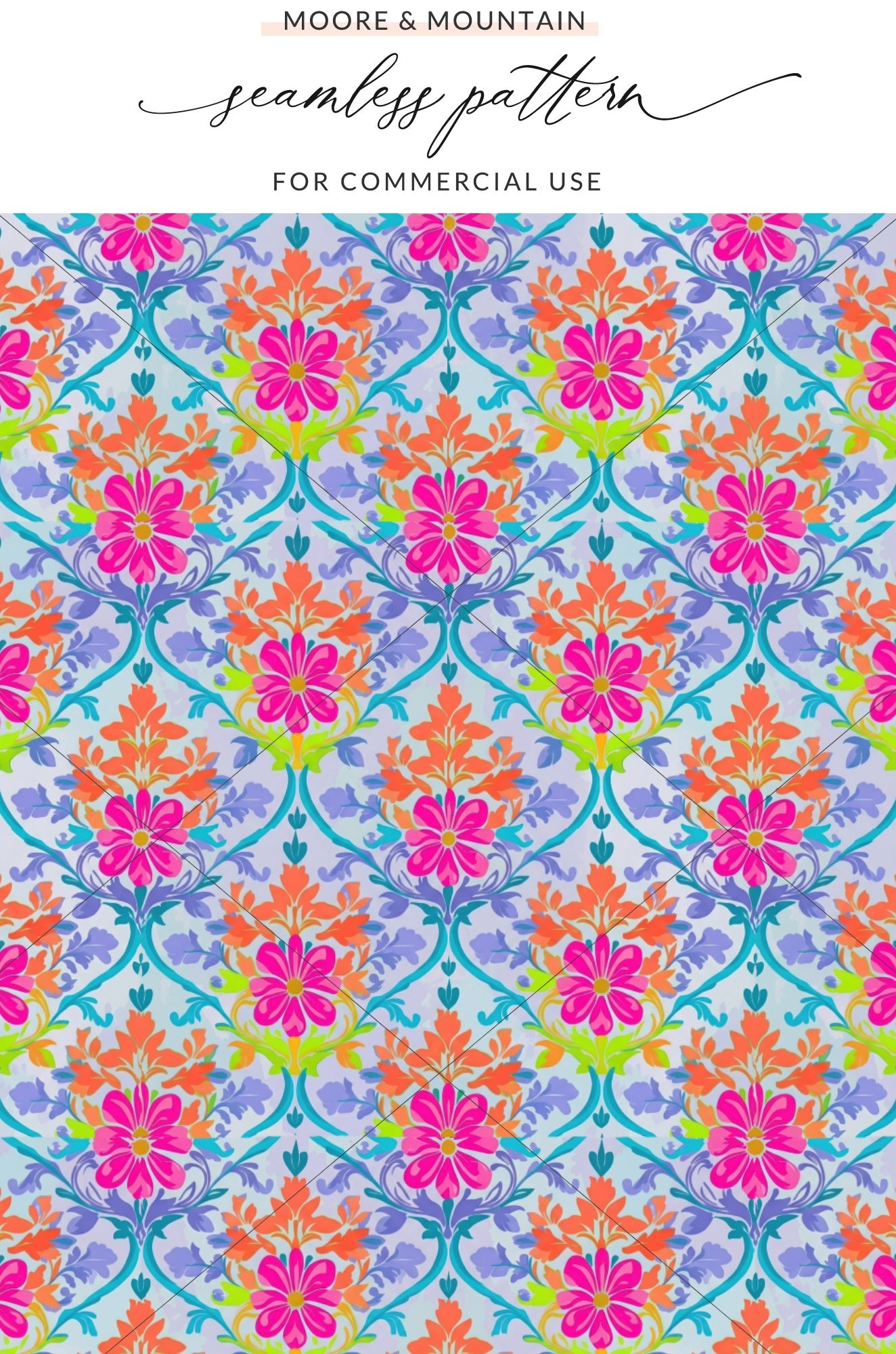 Floral damask pattern with bright pink and orange flowers on a blue and purple background.