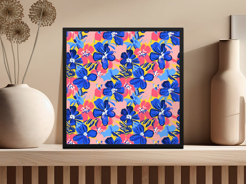 Framed art print with bold blue, pink, and yellow floral pattern.
