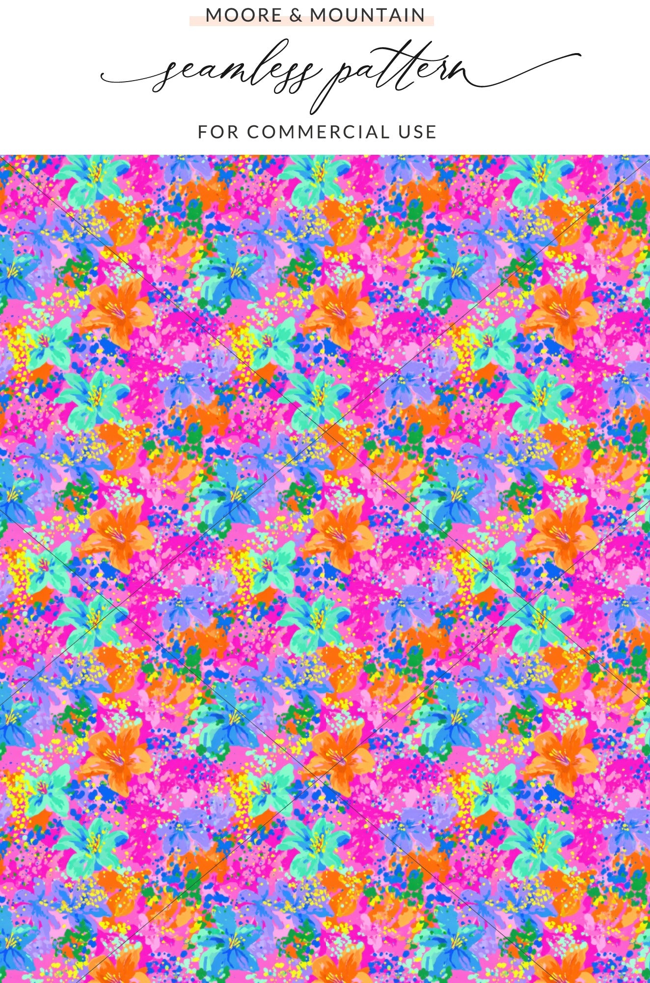 Abstract floral pattern with pink, blue, and green flowers on a bright background.