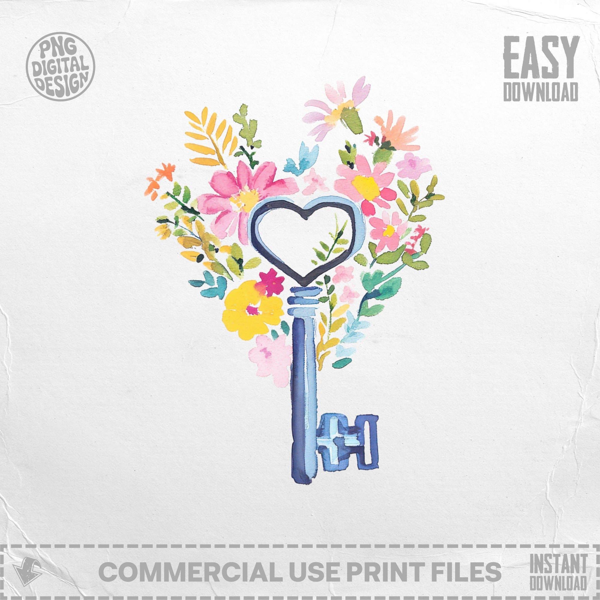 Watercolor heart-shaped key with floral bouquet, "Easy Download" text.