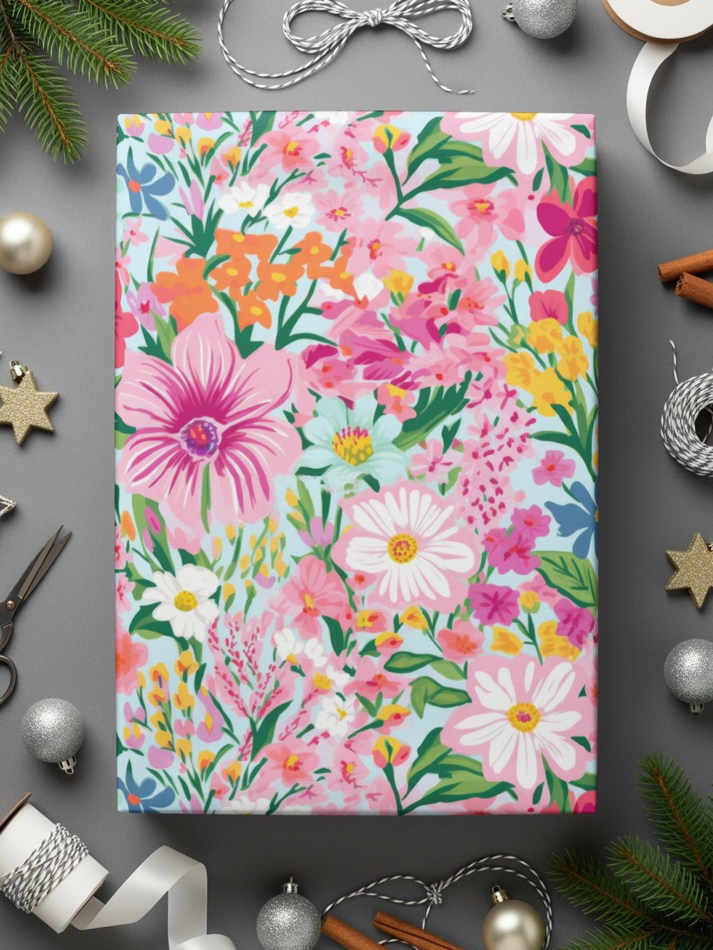 Colorful Floral Gift Wrap with Spring Flowers Pattern