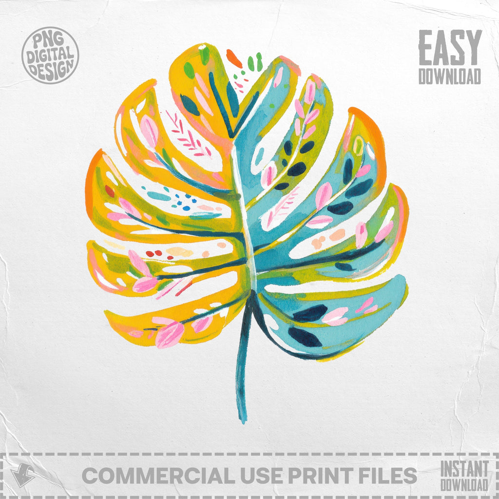 Bright abstract monstera leaf illustration with pink, blue, yellow, and teal accents.