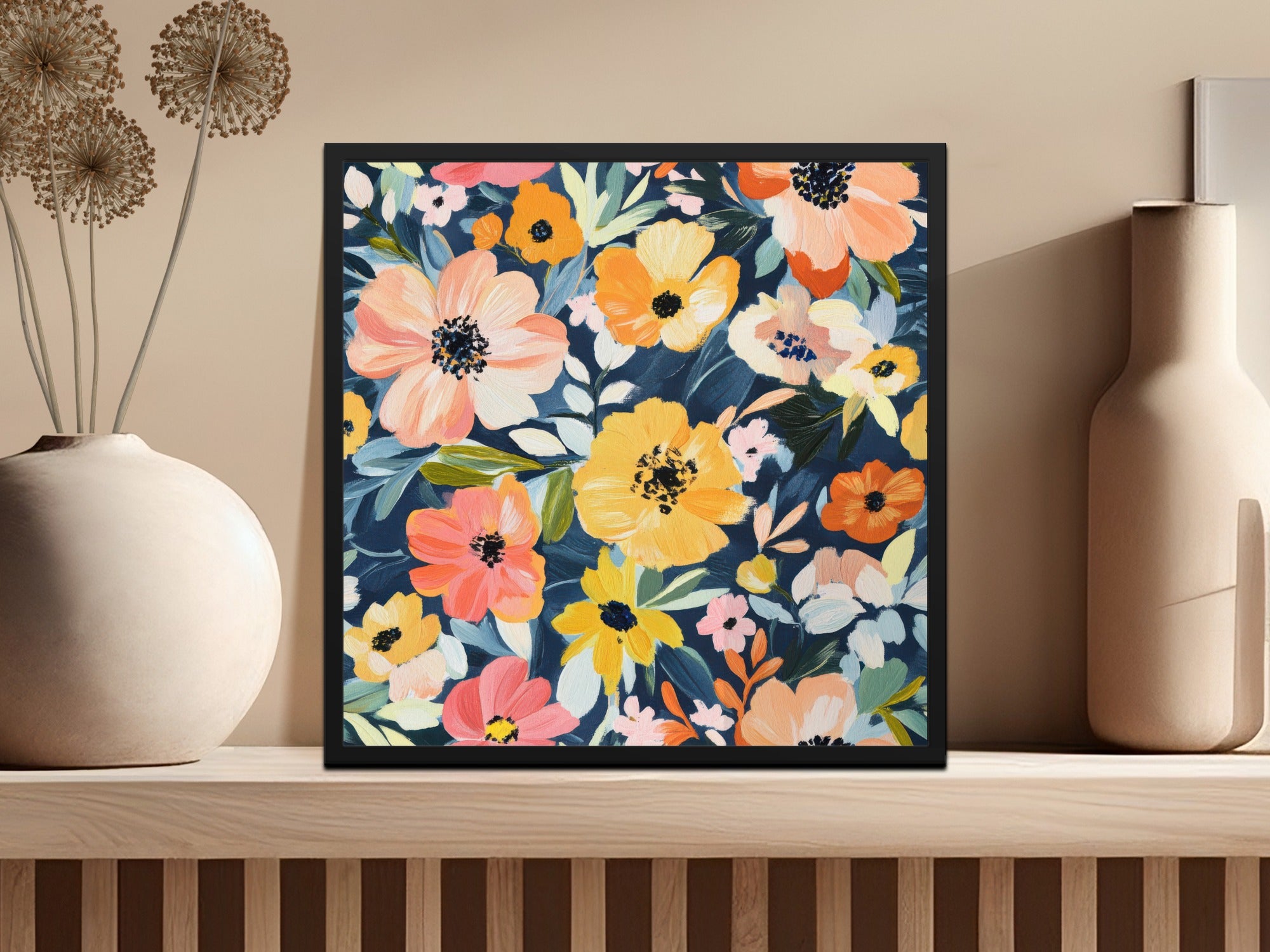 Colorful Floral Wall Art Print with Black Frame
