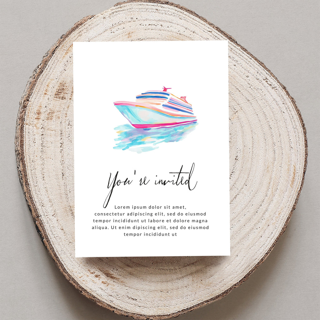 Watercolor cruise ship invitation with "You're invited" text.