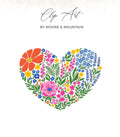 Floral heart clip art with flowers and greenery, text "Clip Art BY MOORE & MOUNTAIN".