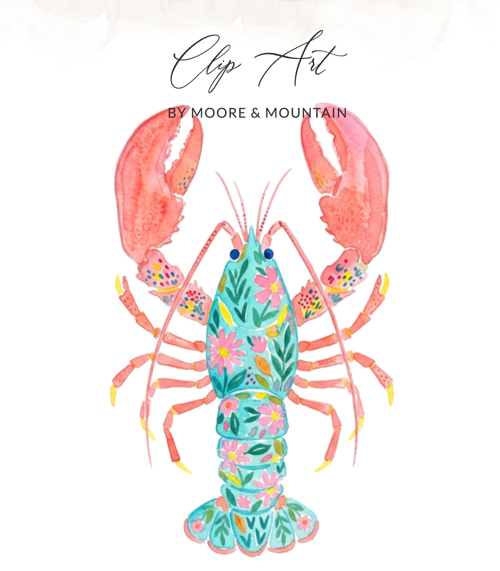 Watercolor lobster with floral pattern on body and pink claws.