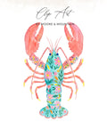 Watercolor lobster with floral pattern on body and pink claws.
