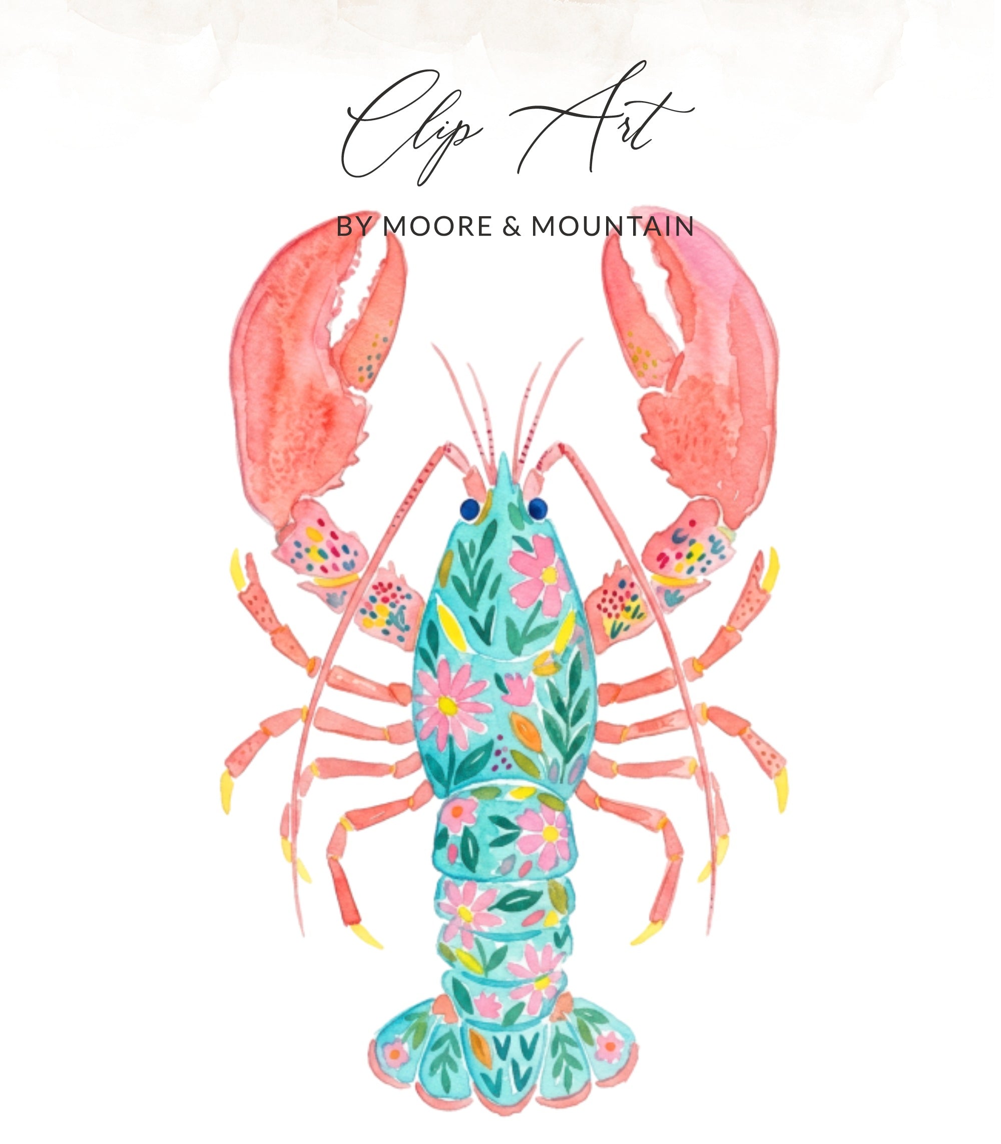 Watercolor lobster with floral pattern on body and pink claws.