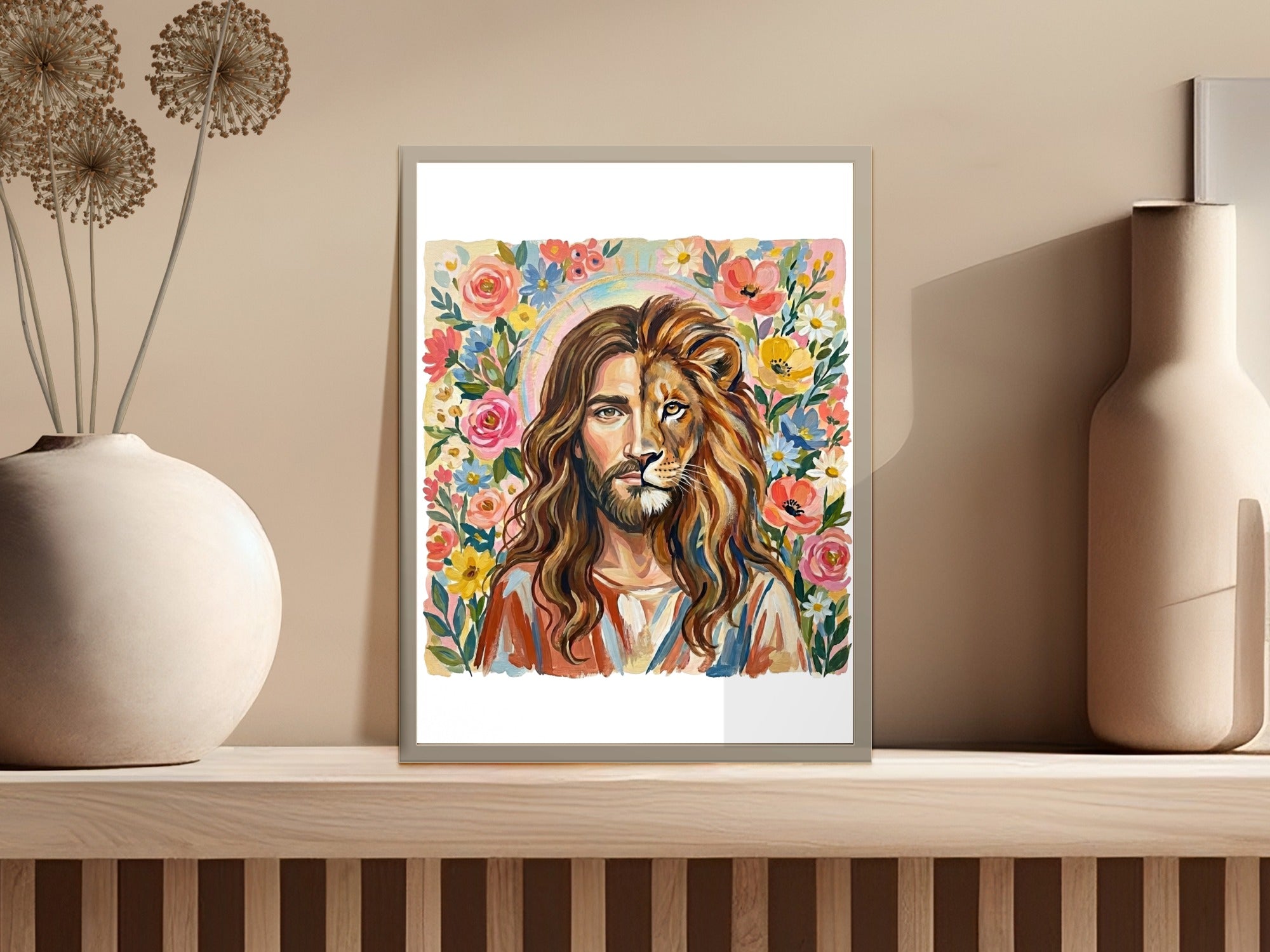 Painting of Jesus with a lion's face, surrounded by flowers.