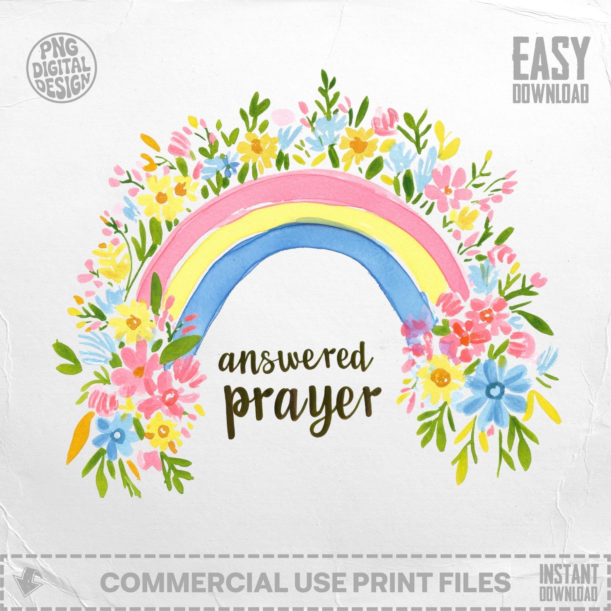 Rainbow with "answered prayer" text and floral embellishments.
