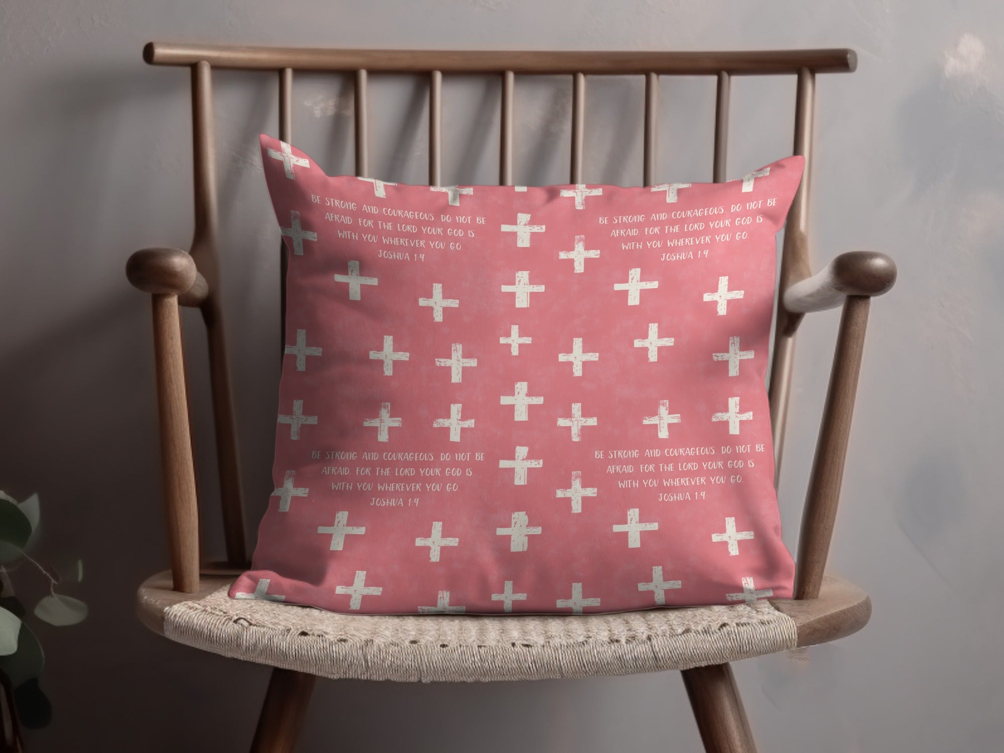 Be Strong and Courageous Joshua 19 Pink Cross Pillow product type