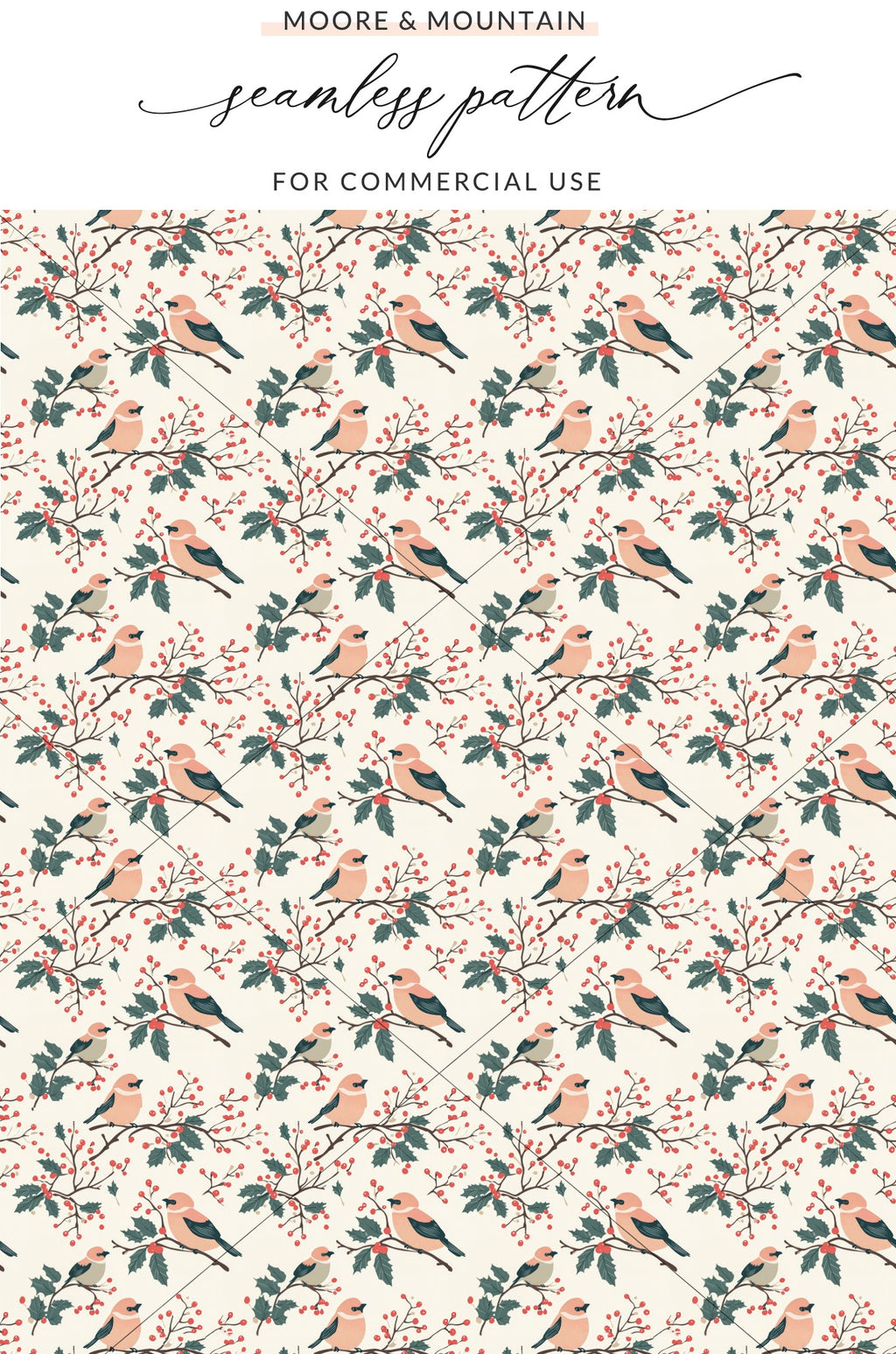 Seamless Pattern Birds and Berries for Commercial Use