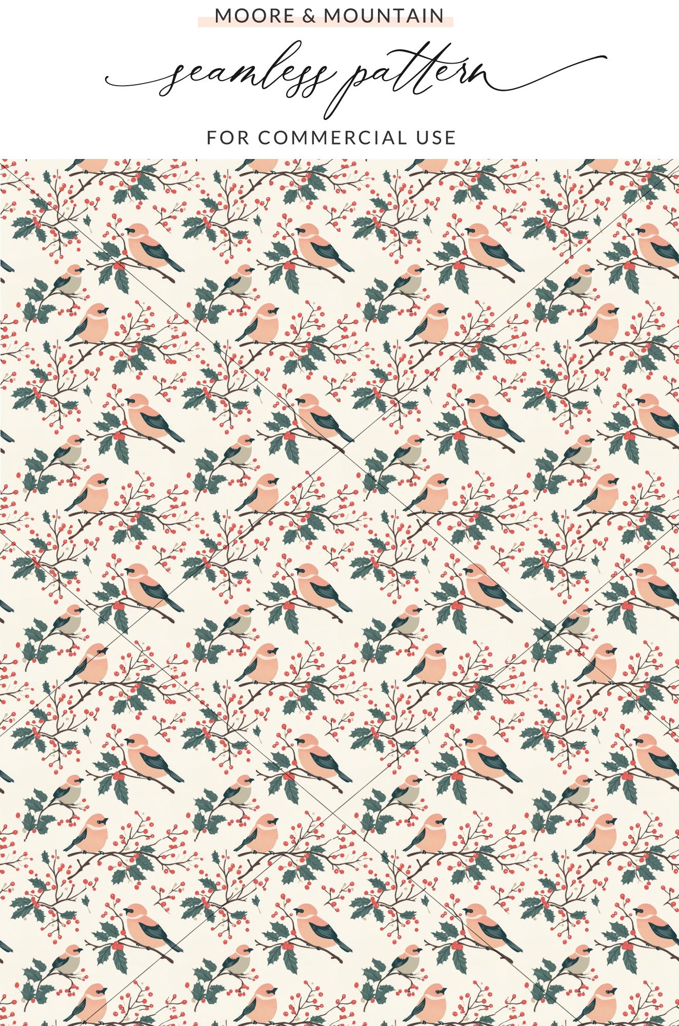Seamless Pattern Birds and Berries for Commercial Use