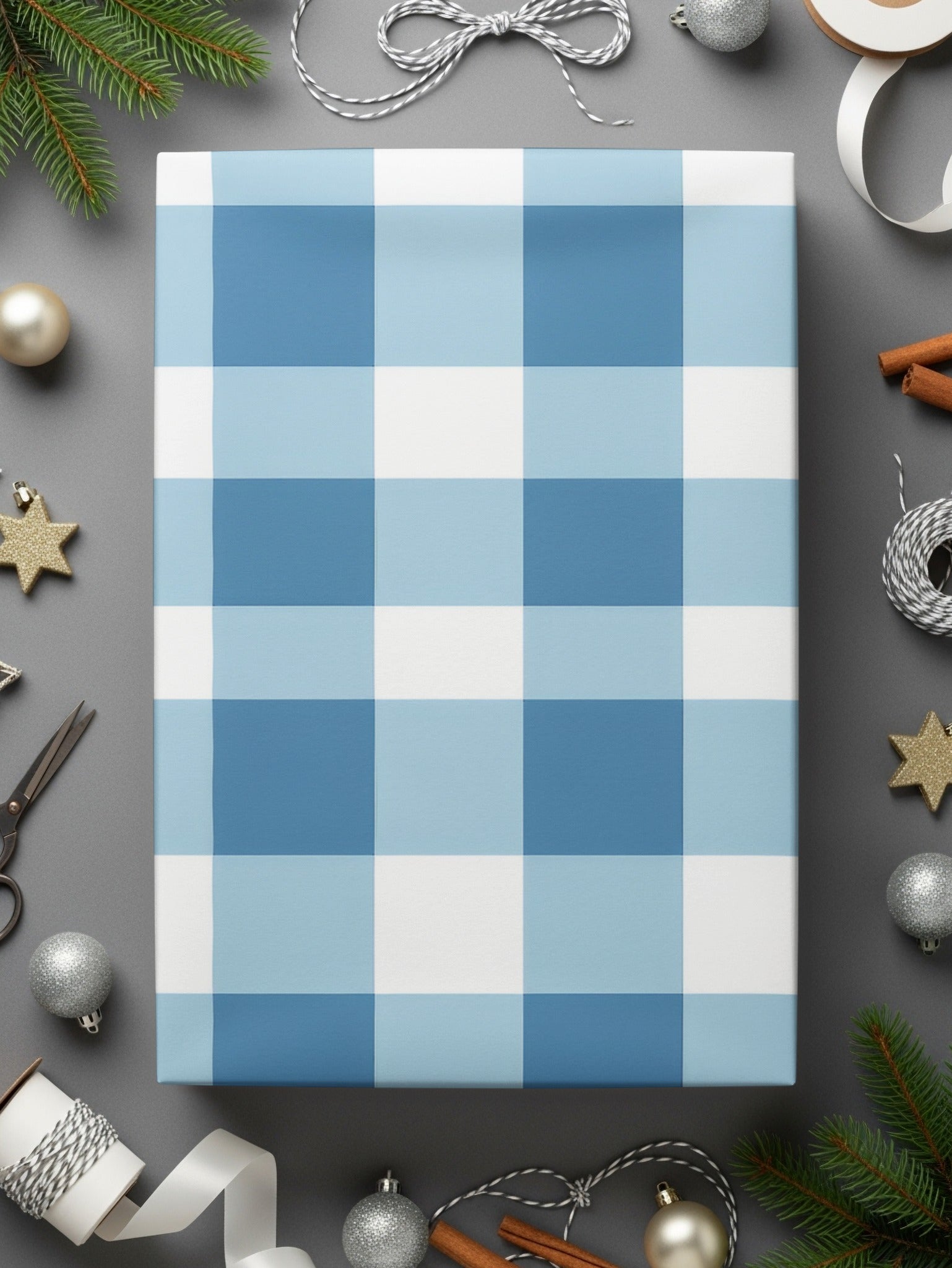 Blue and White Plaid Pattern Holiday Wrapping Paper