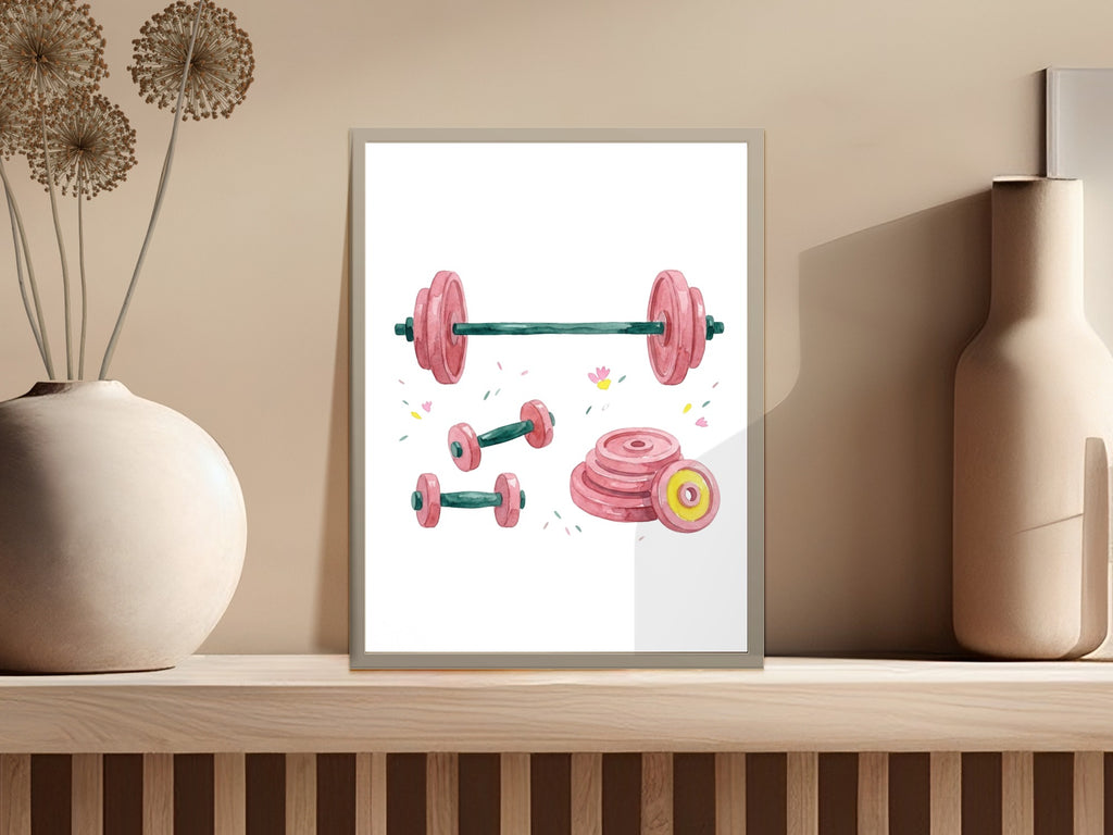 Watercolor illustration of dumbbells, barbell, and weight plates in pink.