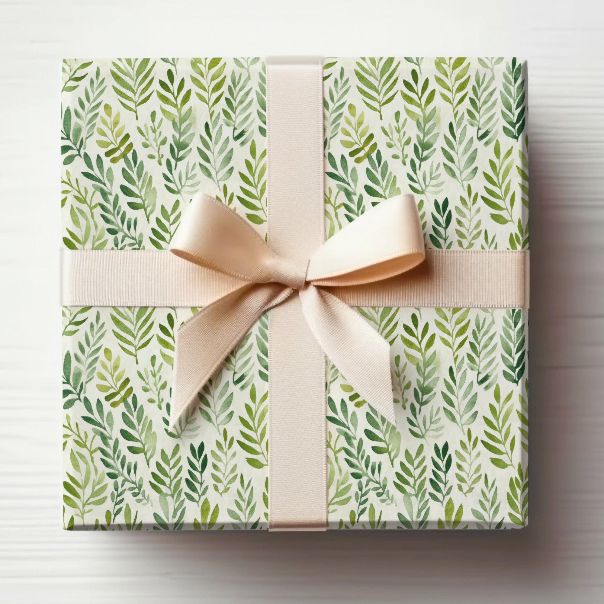 Elegant Green Leaves Gift Wrap with Beige Ribbon